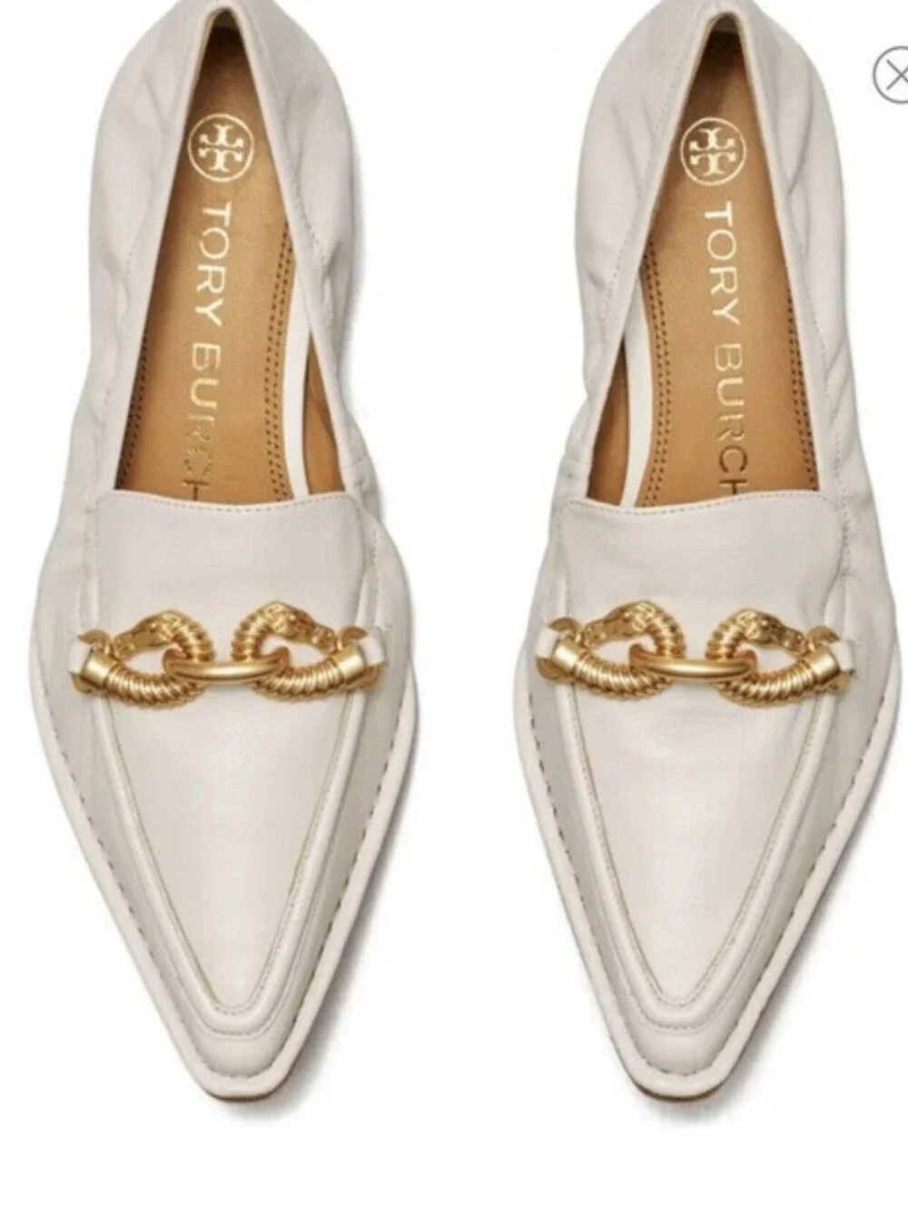 Tory Buch Jessa Pointed Toe Leather Slip On Loafers Gray Gold Chain Hardware